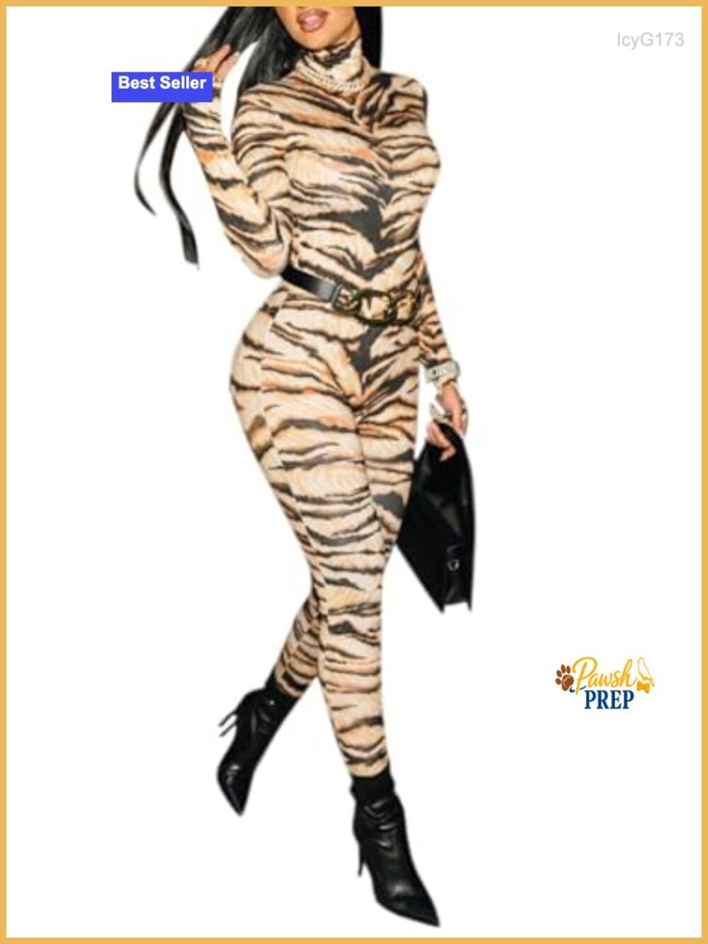 Women's Tiger Print Long Sleeve Jumpsuit High Neck Skinny Zip Front Animal
